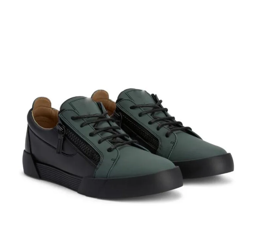 Green Leather Low Top Cut Zip Up Sneakers Side Zipper Lace Up Board Shoes Men Daily Casual Shoes Hombre Chaussure