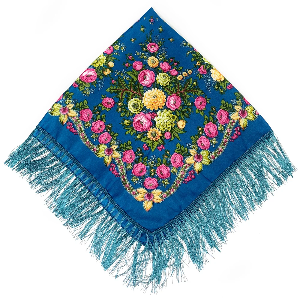 Women Retro Ukrainian Fringed Shawl Babushka Bandana Handkerchief Female Head Wraps Russian Floral Print Square Scarf