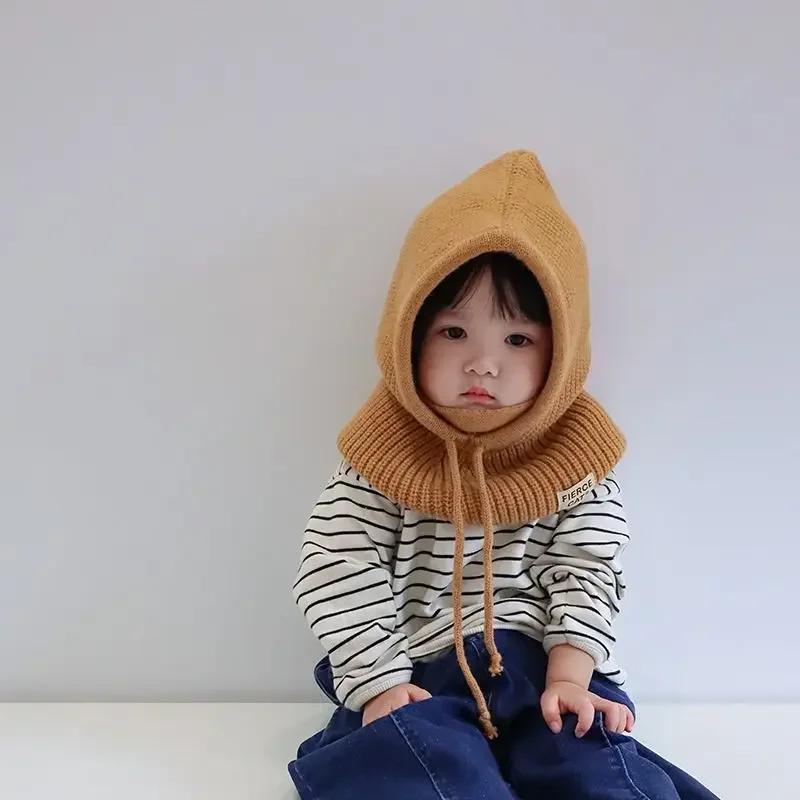 Winter Girls Sweater Hat Solid Color Children's Hat Scarf All-in-One Hat Balaclava Boy Knitted Pullover Hat Beanies