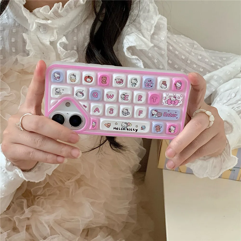 Cute Creative Cartoon Keyboard Kuromi Hello Kitty Case For iPhone 13 12 14 15 16Pro Max Christmas Gift Santa Claus clavier Cover