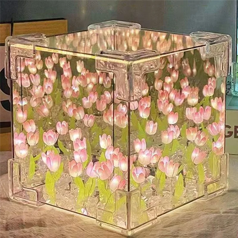 ABJY-DIY الزنبق مرآة مكعب ضوء الليل مصباح الغرفة ديكور زخرفة المواد اليدوية حزمة مكتب الديكور الوردي