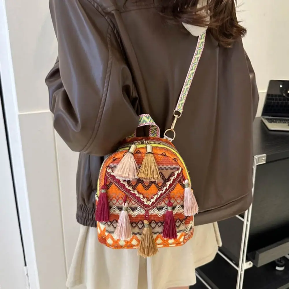 Embroidery Ethnic Style Tassel Backpack Stripe Small School Bag Canvas Tassel Shoulder Bag Large Capacity Outdoor Travel Bag