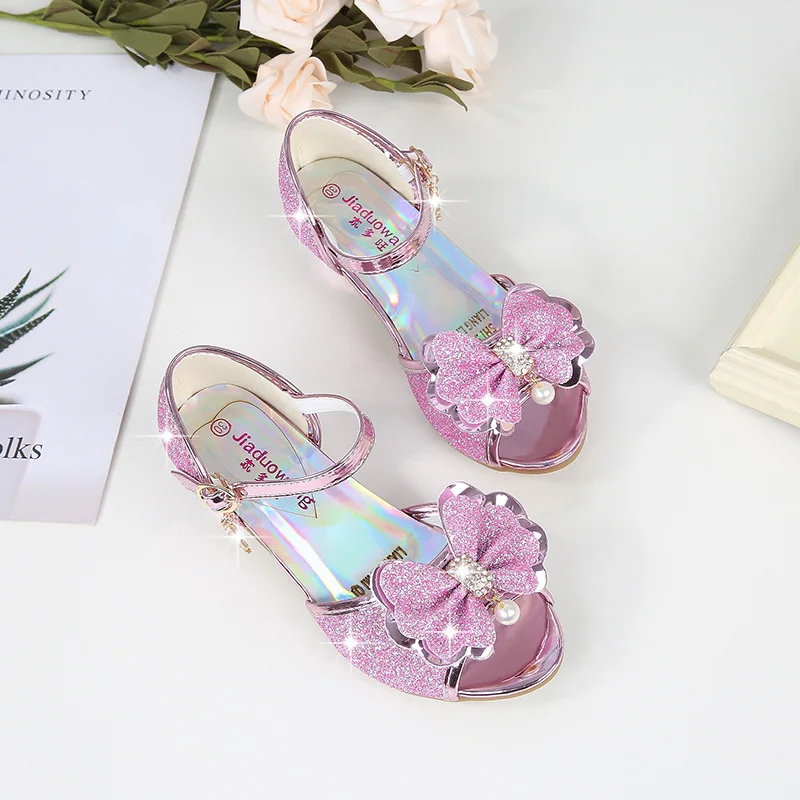 

Girls Sandals Rhinestone Bow Latin Dance Shoes 5-13 Years Old Children Sandalias Summer High Heel Princess Shoes Kids Sandals