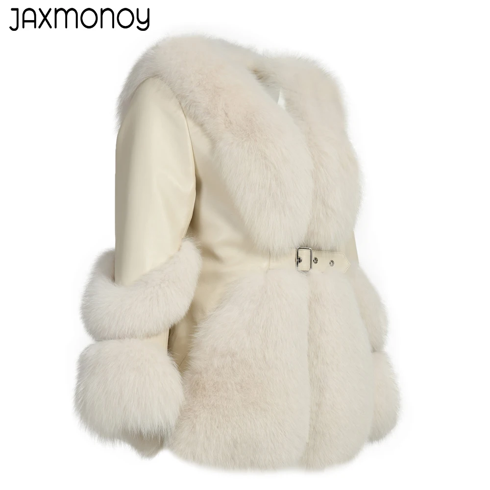 Jaxmonoy Women's Winter Real Fox Fur Coat Ladies Solid Belt Slim Real Leather Jacket Autumn Warm Elegant Natural Fur Outerwear