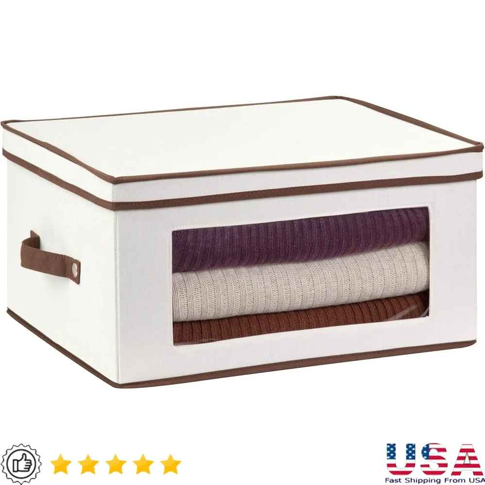 

Canvas Storage Box with Lid Glasses and Accessories Dividers Clear Window Handles Stackable Organizer 18.5L x 14W x 8.5H