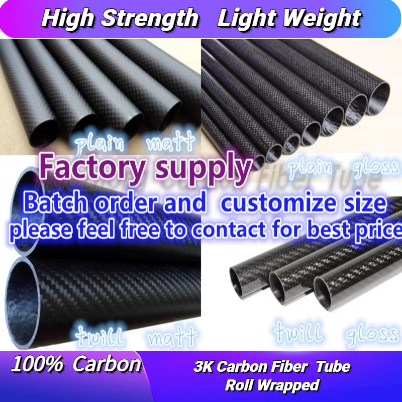 1000mm 3k Carbon Fiber Tube OD 21mm~30mm  Roll Wrapped Pipe  Light Weight High Strength