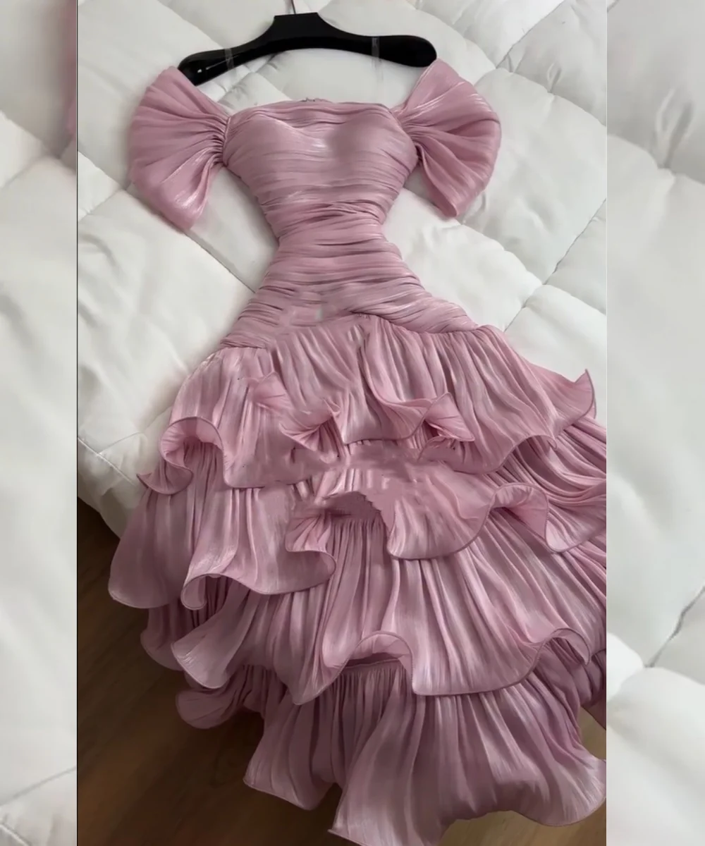 

Customized Classic Pleat Ruffle A-line Square Neck Midi Bespoke Occasion Celebrity Dresses Classic Exquisite Formal