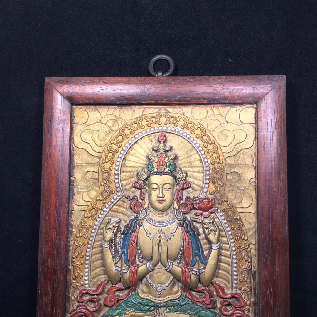 30cm high-quality mahogany framed pure copper relief four arm Guanyin Bodhisattva Thangka