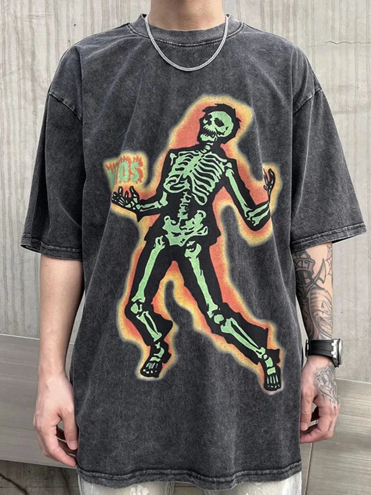 Oversized Hip Hop Street Tshirt YYDS Skeleton DTG Printing Vintage Washed T-shirt Men 100% Cotton High-Quality Short-Sleeved Top