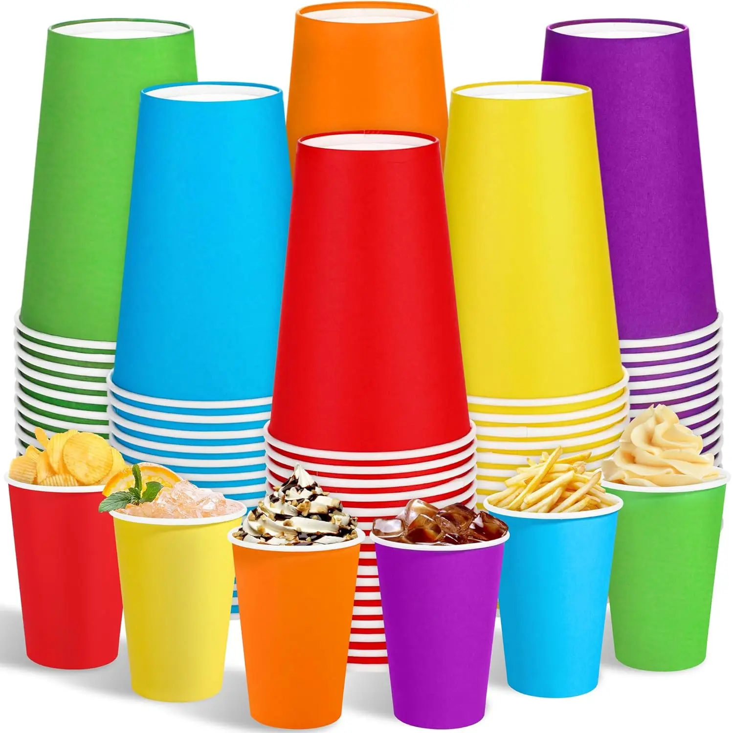 

100 Pack 12 Ounce Disposable Rainbow Paper Cups, Colorful Party Cups, Drinking Birthday Cups for Holiday Party Supplies