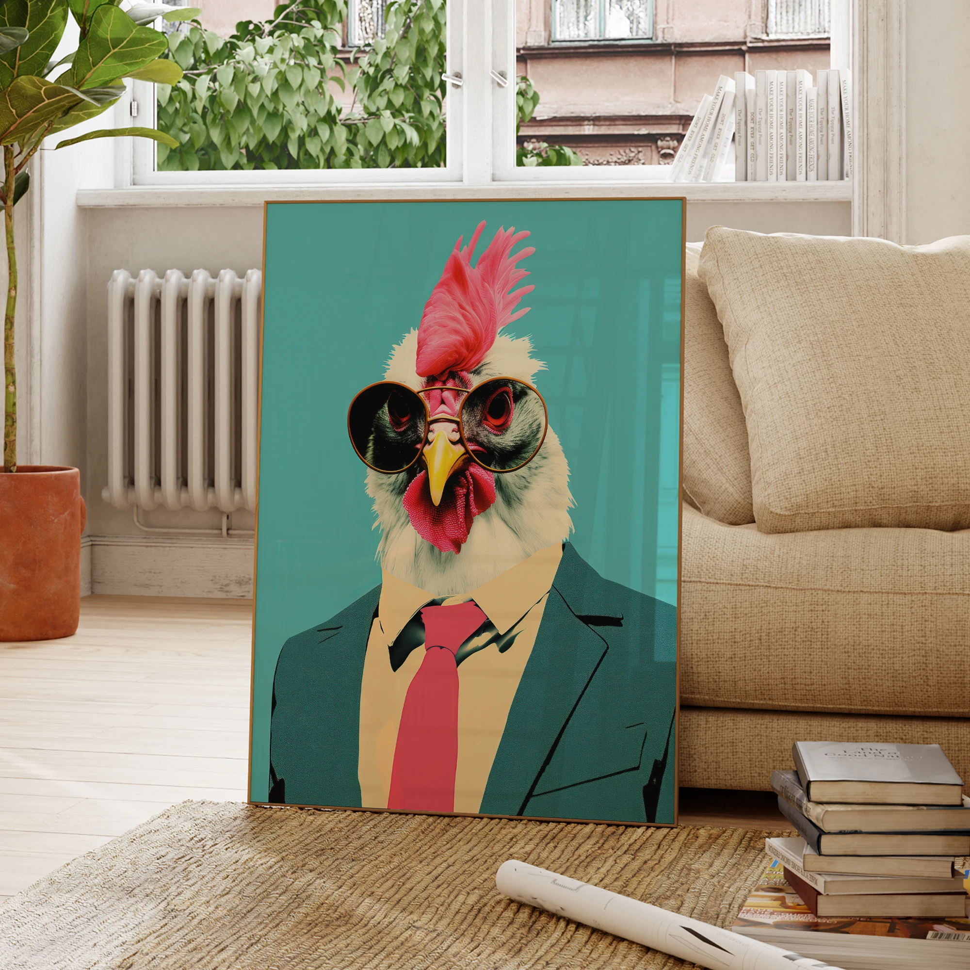 Modern Blue Funny Chicken In Suit Dancing Cool Animal Wall Art Prints Canvas Painting Poster Picture Living Room Home Decor