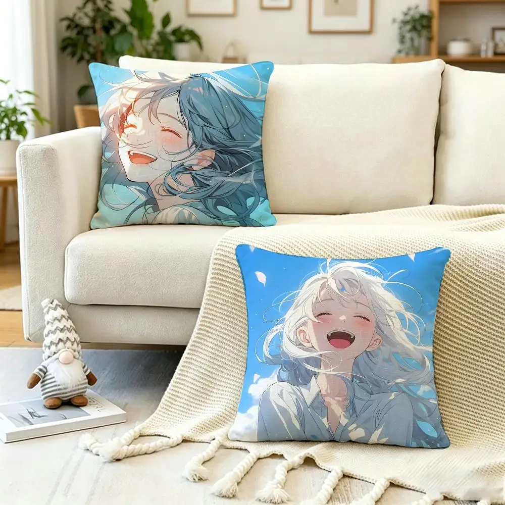 ANIME B-Blue haired twin tail girl Cushion Cover Anti-dustmite Pillowcase Invisible zipper silky short plush Sofa cushion cover