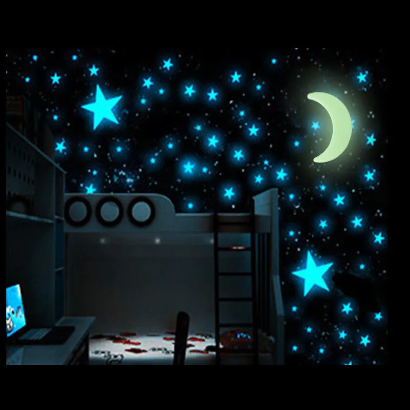 100PCS Star Glow In The Dark Vinyl Kids Baby Home Decor Room Wall Sticker Decals Blue Star with A Moon luminous light