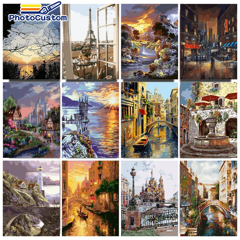 

PhotoCustom 60x75cm DIY Oil Painting By Numbers For Adults Street Scenery Paint By Numbers On Canvas Frameless Home Wall Decor