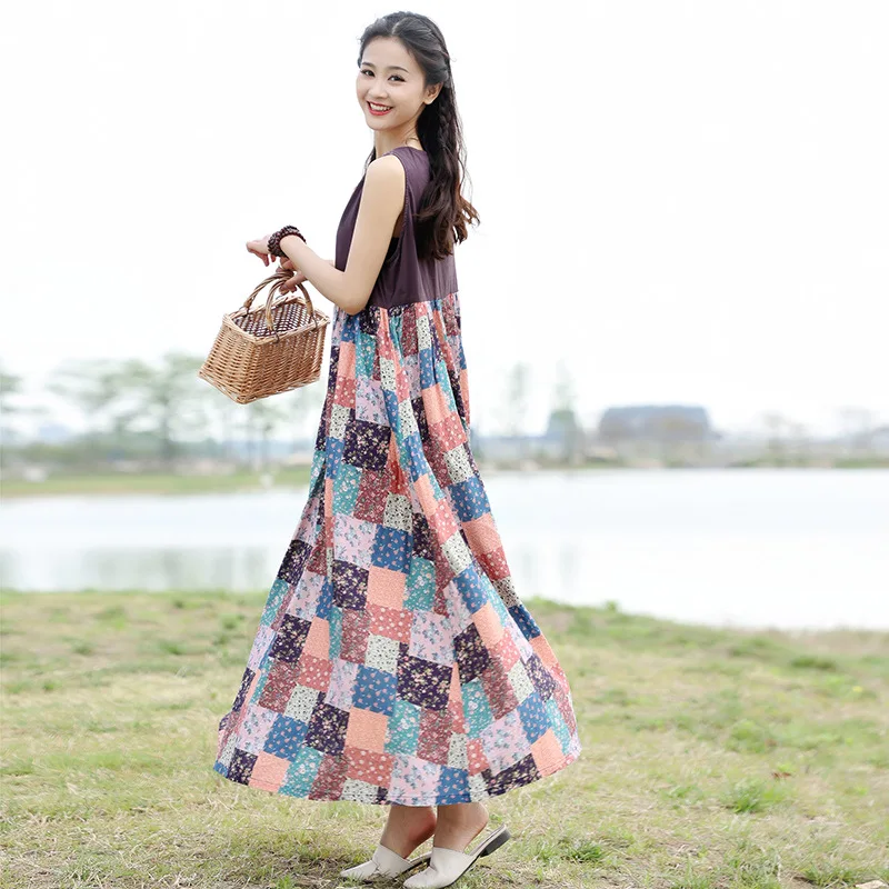 Oriental Trend Sleeveless Vest Skirt 2023 Summer New Cotton Hemp Print Contrast Panel V Neck Bohemian Beach Swing Long Dress