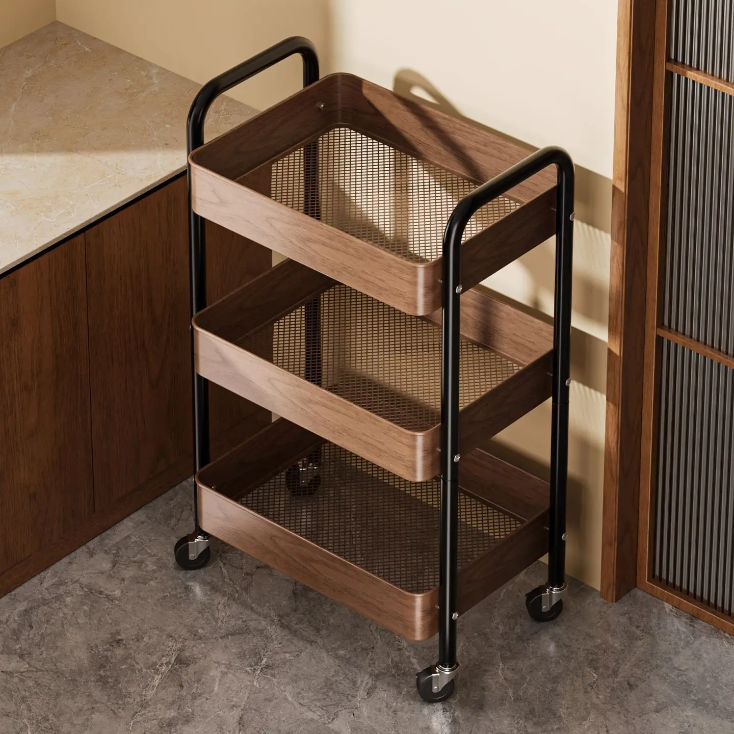 3 Tier Rolling Kitchen Storage Cart, Walnut Wood Grain Trolley With Wheels, Black Metal Frame Utility Organizer For Home Kitchen