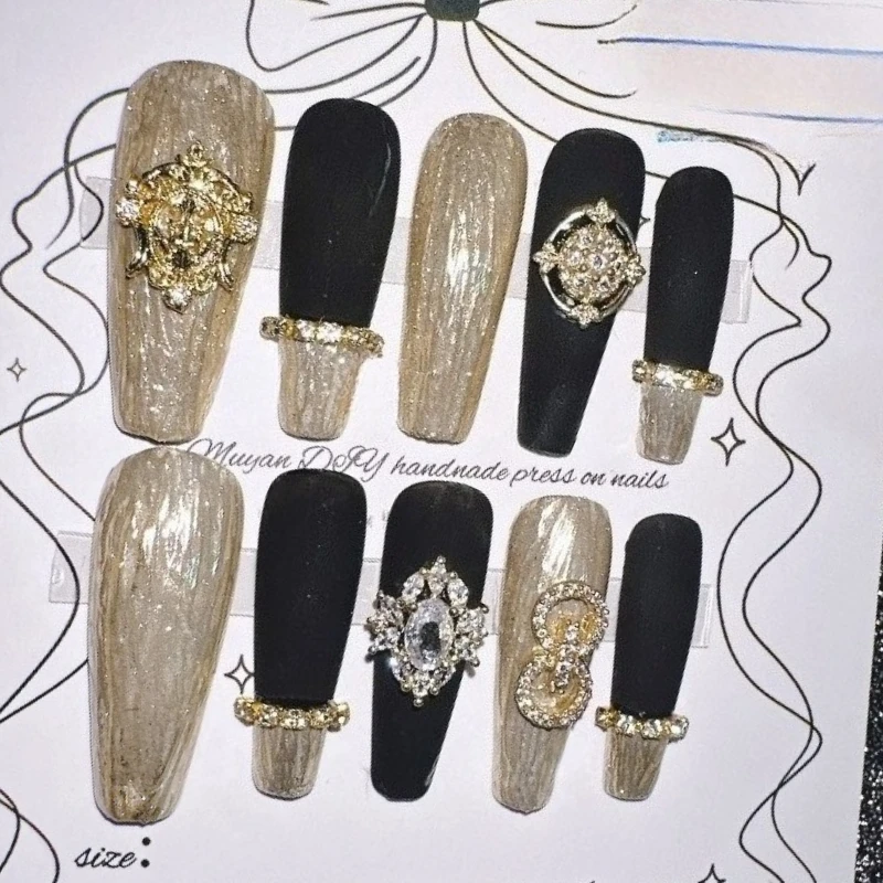 

10 шт., 3D позолоченный пресс на ногтях, французский роскошный черный золотой высококачественный длинный гроб, серебряный дизайн ногтей ручной работы, накладные ногти nke значение