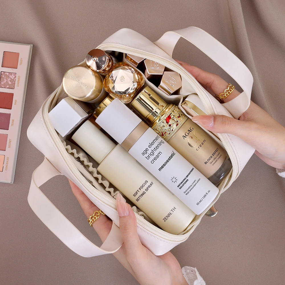 حقيبة مستحضرات التجميل الأنيقة ذات سعة كبيرة، حقيبة مكياج للسفر من البولي يوريثان، مقاومة للماء، حقائب غسيل الحمام، مجموعة أدوات الزينة متعددة الوظائف