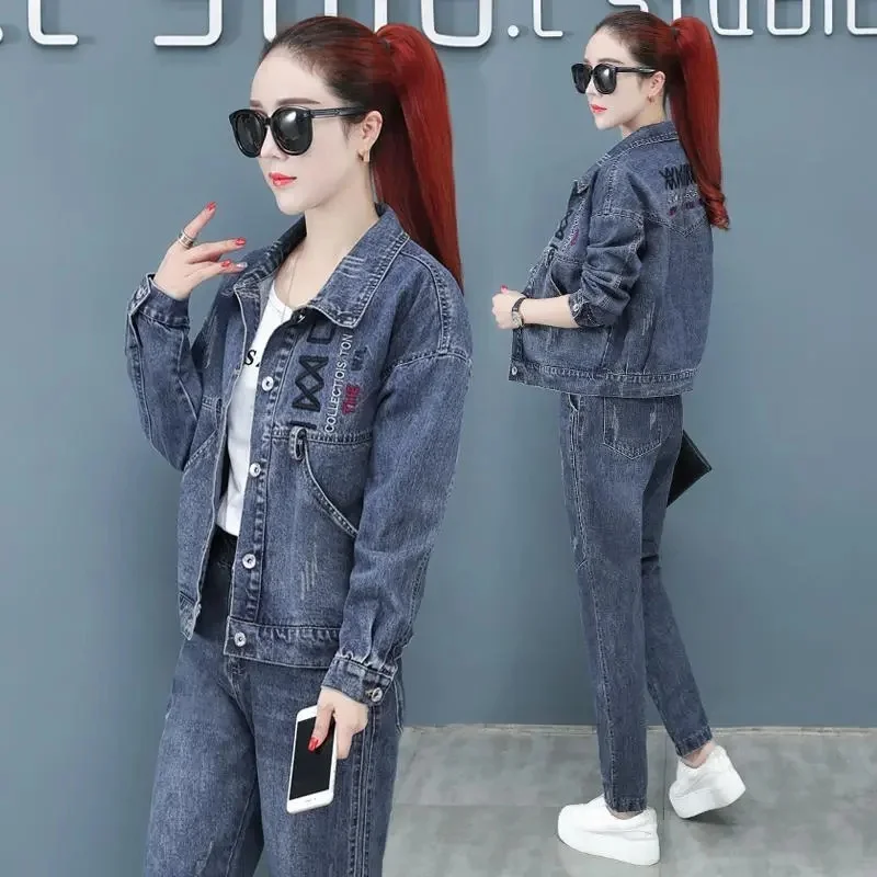 Denim Suit Female Two Piece Set  New Autumn Women Jeans Set Ladies Professional  2 Piece Set Women's Cowboy Pants Suit 4XL