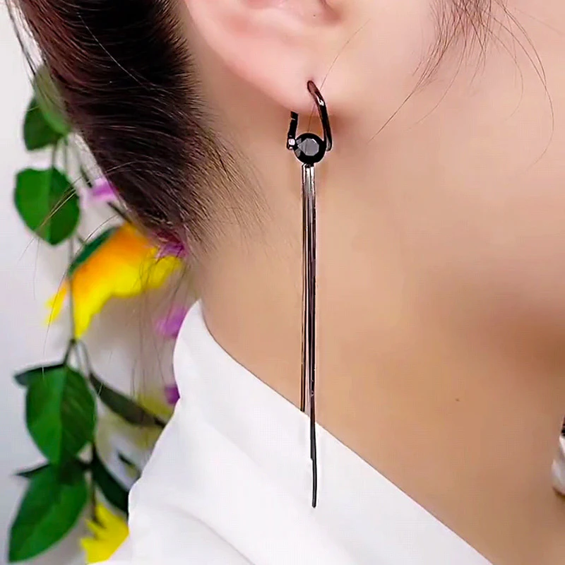 Unique Design Black Crystal Long Tassel Earrings for Women 2023 New Fashion Temperament Personality Cool Girls Party Jewelry