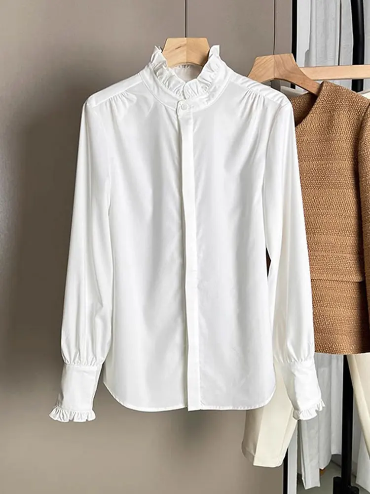 편안한 단색 초가을 디자인 나무 장식 캐주얼 롱 슬리브 여성 실크 탑 패셔너블한 접이식...