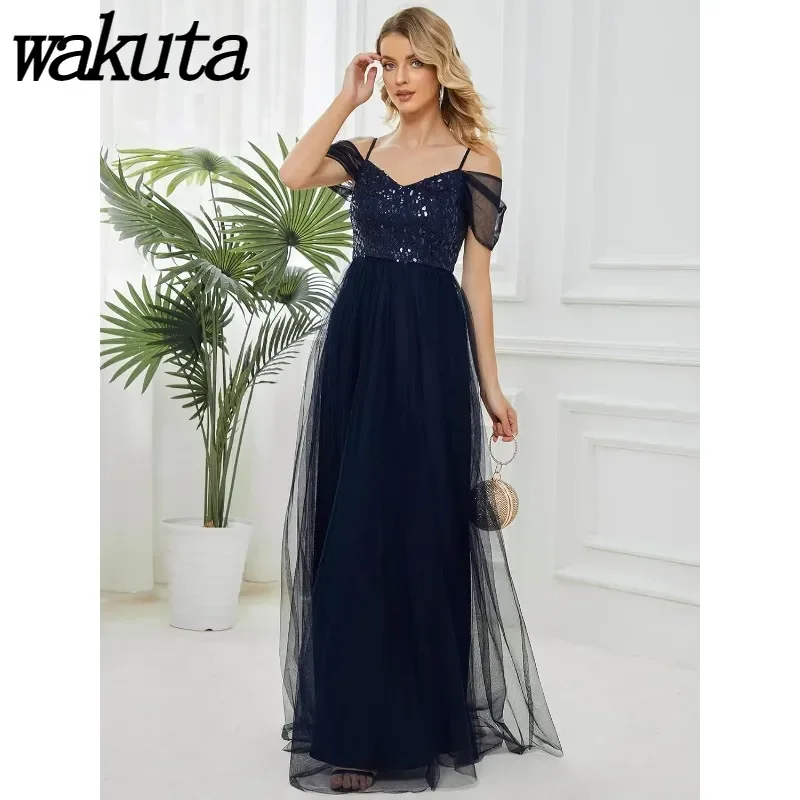 Wakuta elegante Frauen kalte Schulter Maxi Brautkleider A-Linie Pailletten formelle Party Abend Robe de Mariée 2024 Boheme