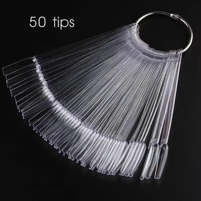 50Pcs False Nail Tips Clear Nail Gel Polish Display Fan with Ring Practise Card Fake Nails Palette Manicure Design Accessories