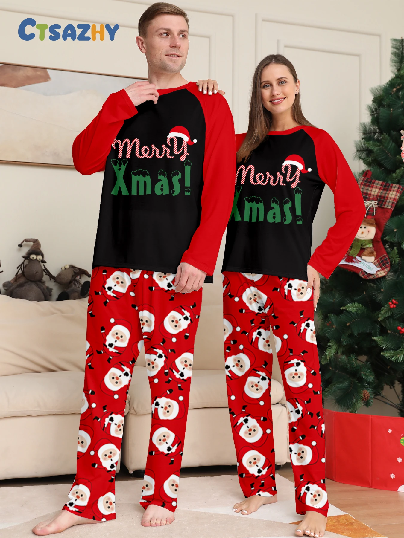 

Couple Christmas Pajamas 'Merry Xmas' & Santa Print Long Sleeve Nightwear