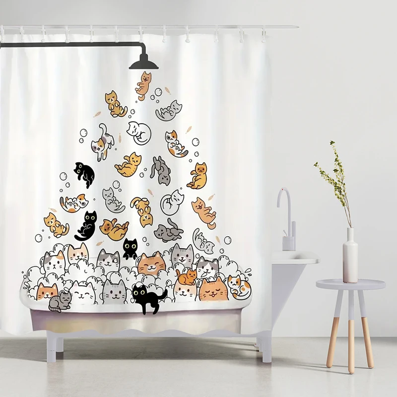 1/4pcs Cute Cat Printed Shower Curtain Set Shower Curtain With 12 Hooks Polyester Bath Curtain Bathroom Partition Decoration