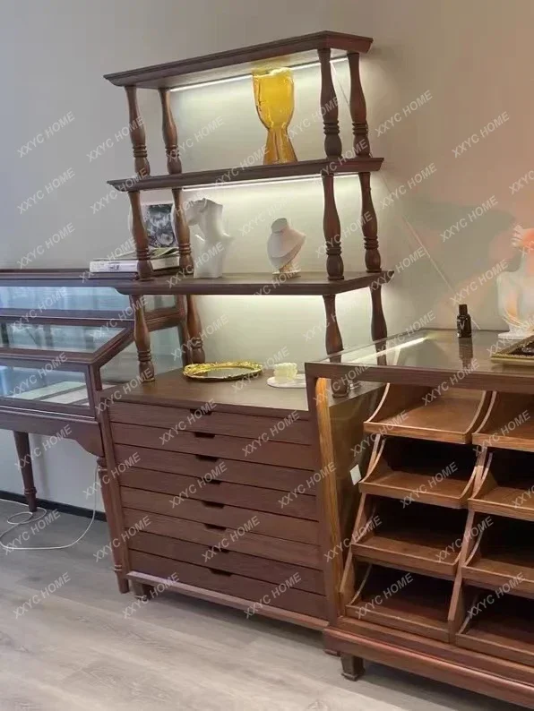 XZ Medieval Double Layer Product Display Retro Storage Cabinet Jewelry Jade Store Display Cabinet Glass Shelf