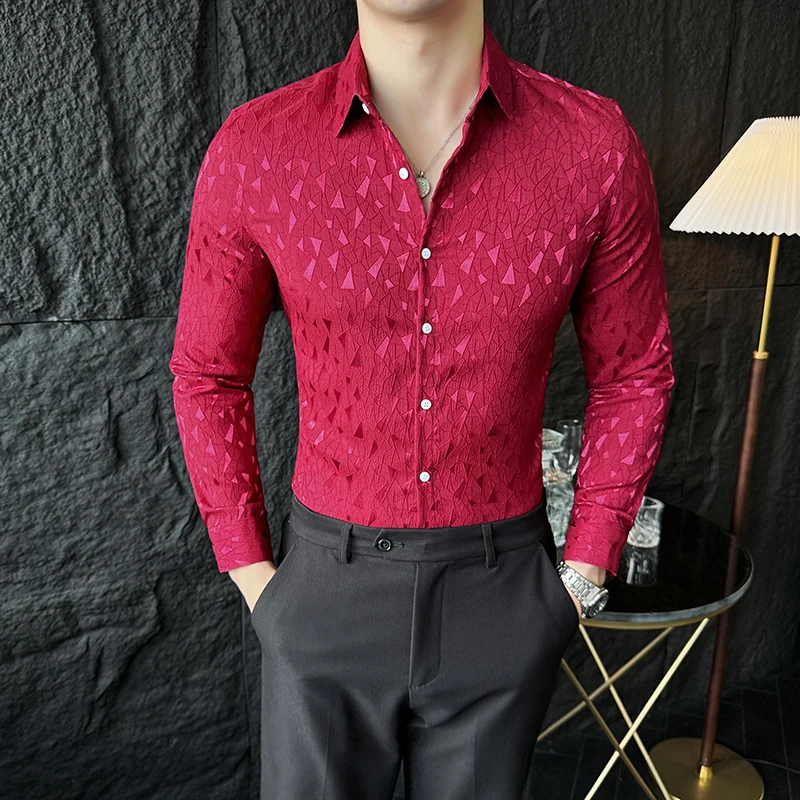 

High Quality Geometric Jacquard Men Shirts No Ironing Long Sleeved Men's Dress Shirt Autumn Elegant Camisa Social Masculinas 4XL