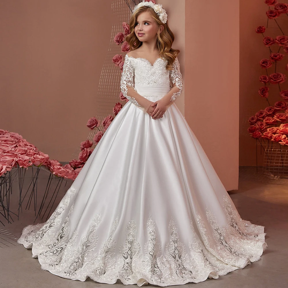 White Lace Flower Girl Dresses Satin Off Shoulder Puffy Floor Length Elegant Kids Wedding Party Dress Birthday Evening Ball Gown