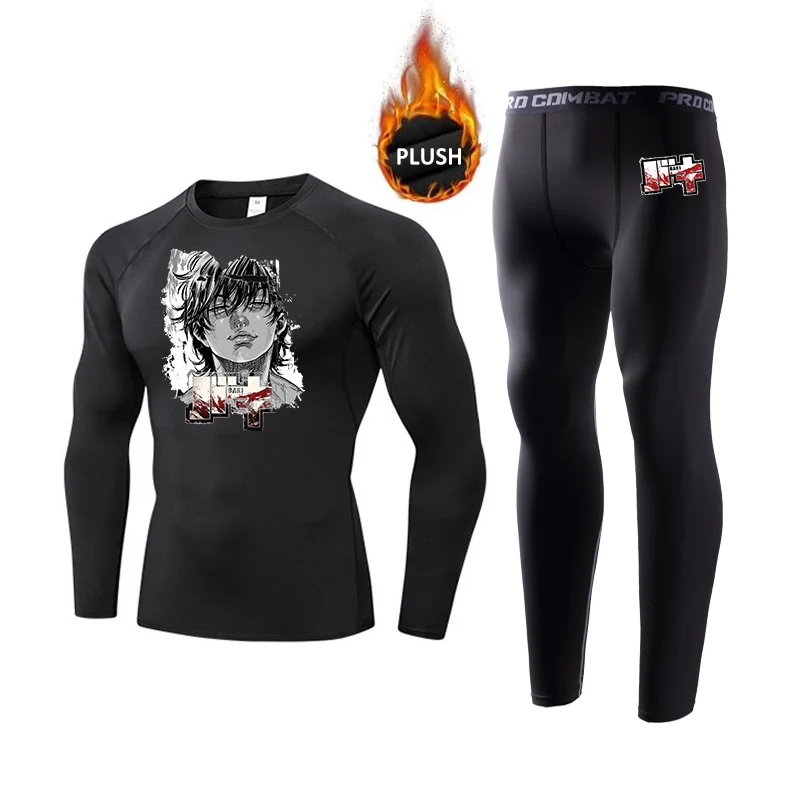 Anime Baki Hanma Graphic Thermal Underwear Set for Men Winter Warm Fleece Lined Long Johns Sweat Quick Drying Thermo Base Layer