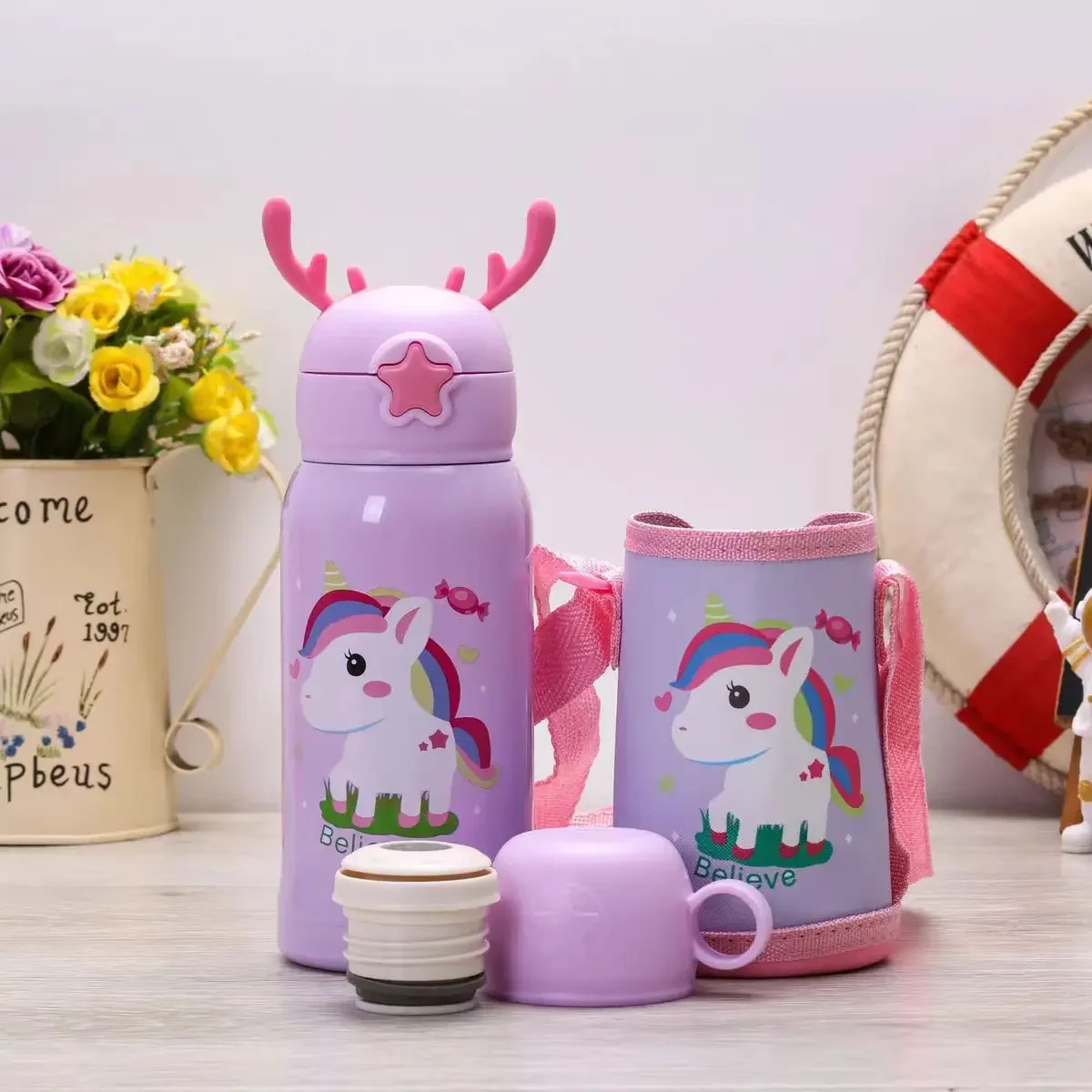 500ML Cute Unicorn Thermos Bottle Stainless Steel Thermal Mug Bouncing Lid Water Cup for Children Girls Gifts Portable Drinkware