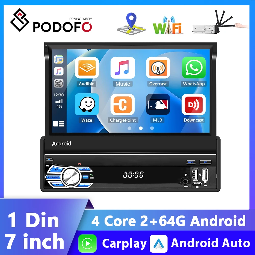 

Podofo Android 1 Din Car Radio Carplay 7'' Retractable Screen GPS Navigation Stereo Autoradio Wifi For 1 Din Universal