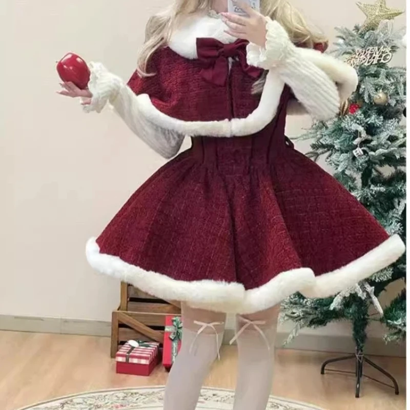 

Рождественский бордовый комплект праздничного платья в стиле Лолиты, женское милое милое кавайное девчачье платье на подтяжках и накидка, комплект из трех предметов, женские наряды