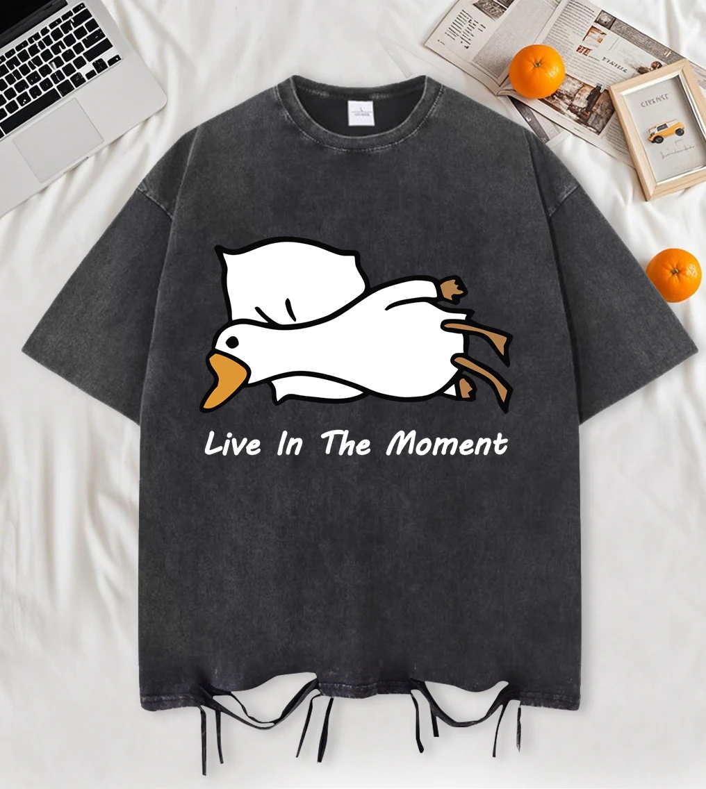 

Мужские футболки в стиле ретро «Goose Live In The Moment», летние, удобные, мягкие, короткие, из хлопка, свободного кроя, с эффектом снежной стирки, модная одежда