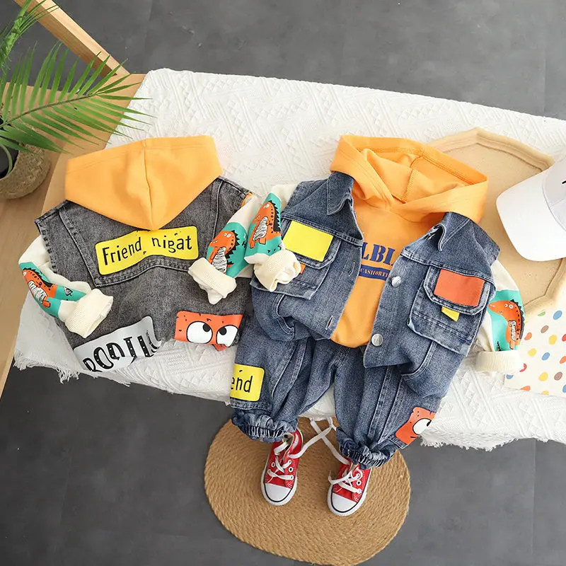 Spring Autumn Children Boys Clothes Kids Clothing Denim Vest Jacket Hoodies Pants 3pcs/Set Infant Cotton Tracksuits 0-5 Years