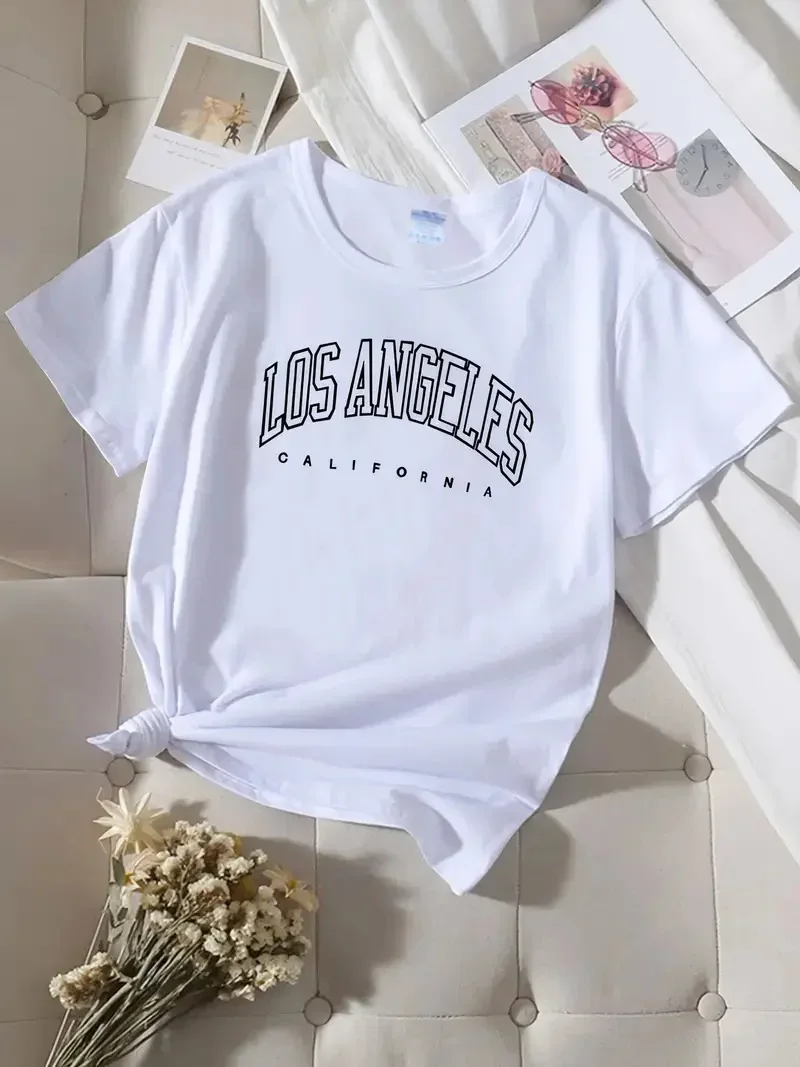 LOS ANGELES Letter Print Crew Neck T-shirt Casual Loose Short Sleeve Fashion Summer T-Shirts Tops Women's Clothing