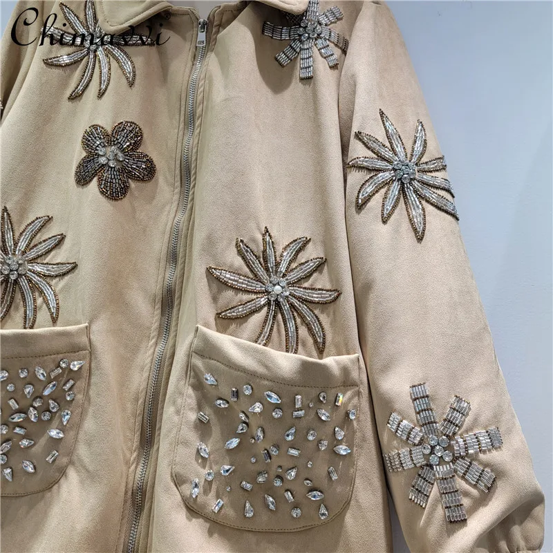 2025 Autumn New French Fashion High-end Heavy Handmade Diamond Lapel Jacket Top Fashion Imitation Deerskin Velvet Coat Top