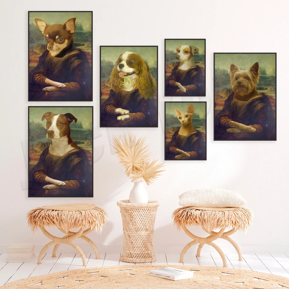 Mona Lisa Sphynx cat, chimpanzee, pug, panda, french bulldog, yorkshire terrier, chihuahua, doberman pinscher animal print poste