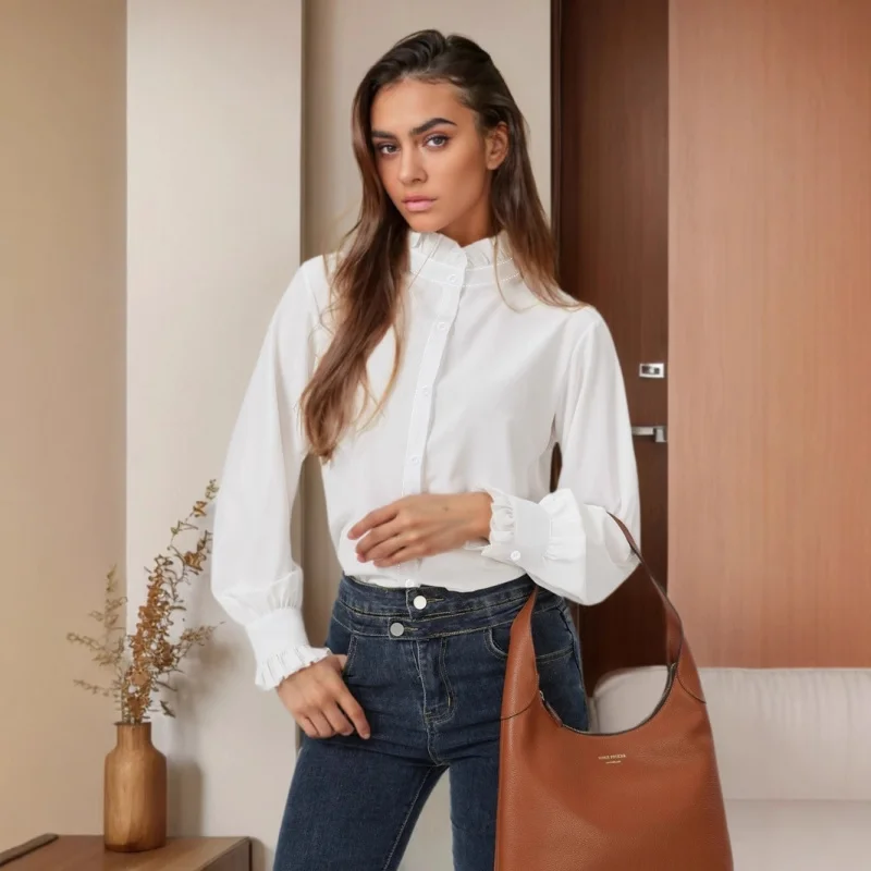 

2025New European and American Simple Leaf Shirt Collar Spring Summer All-Match Casual Business Long Sleeve