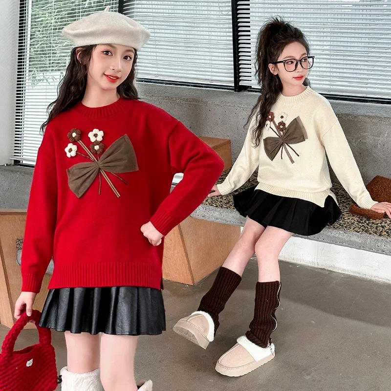 

Korean Autumn Children Girls Pullovers Cotton Bow Flower Baby Girl Sweater Loose Long Sleeve Casual Kids Undershirt TR330