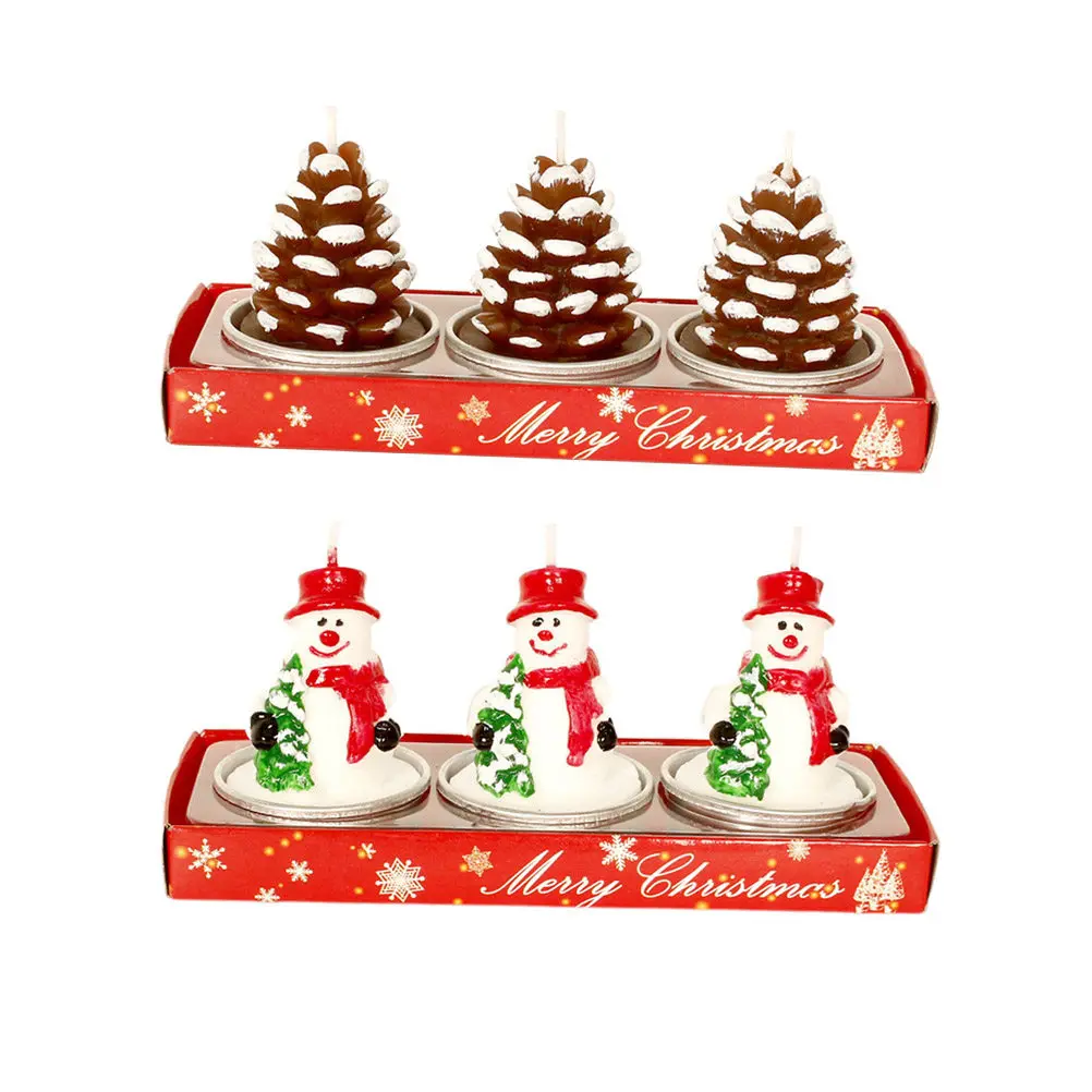 3Pcs Christmas Paraffin Material Christmas Themed Decorative Table Decoration Holiday Party Supplies Pine Cone Snowman