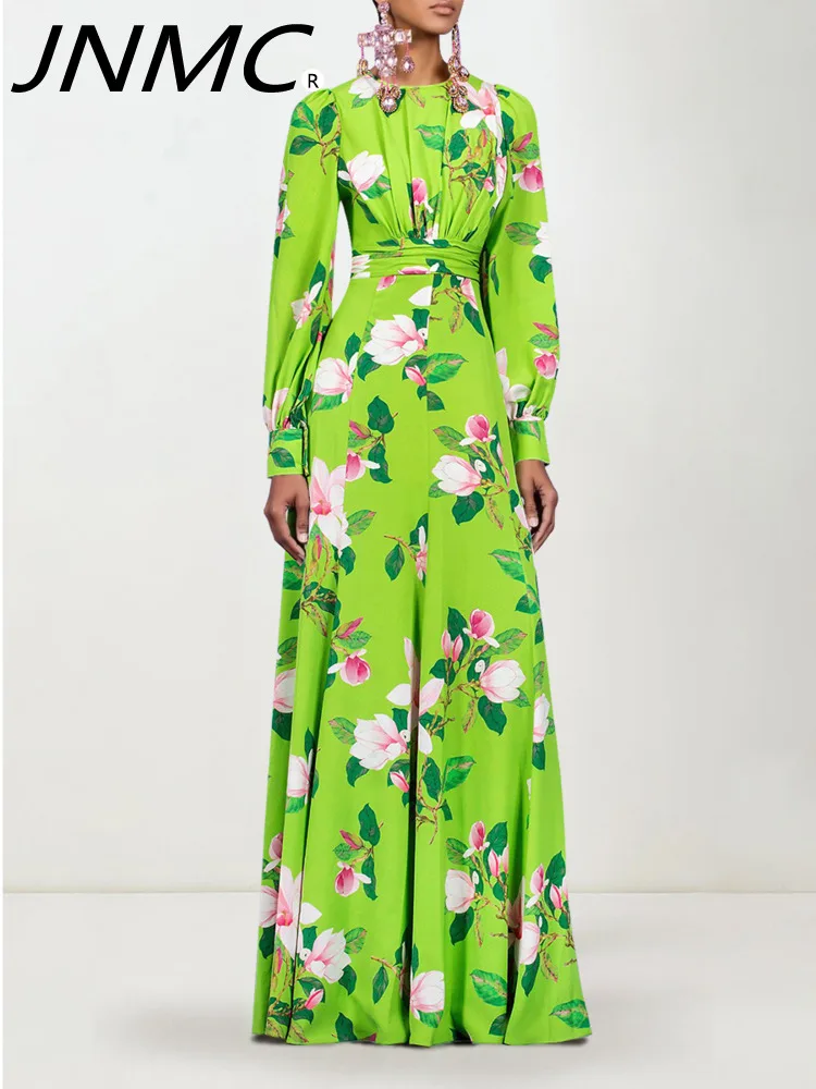 

JNMC French Elegance 2024 Autumn New Advanced Sense Of Green Printed Long Dress With Waist Temperament Long-sleeved Dress