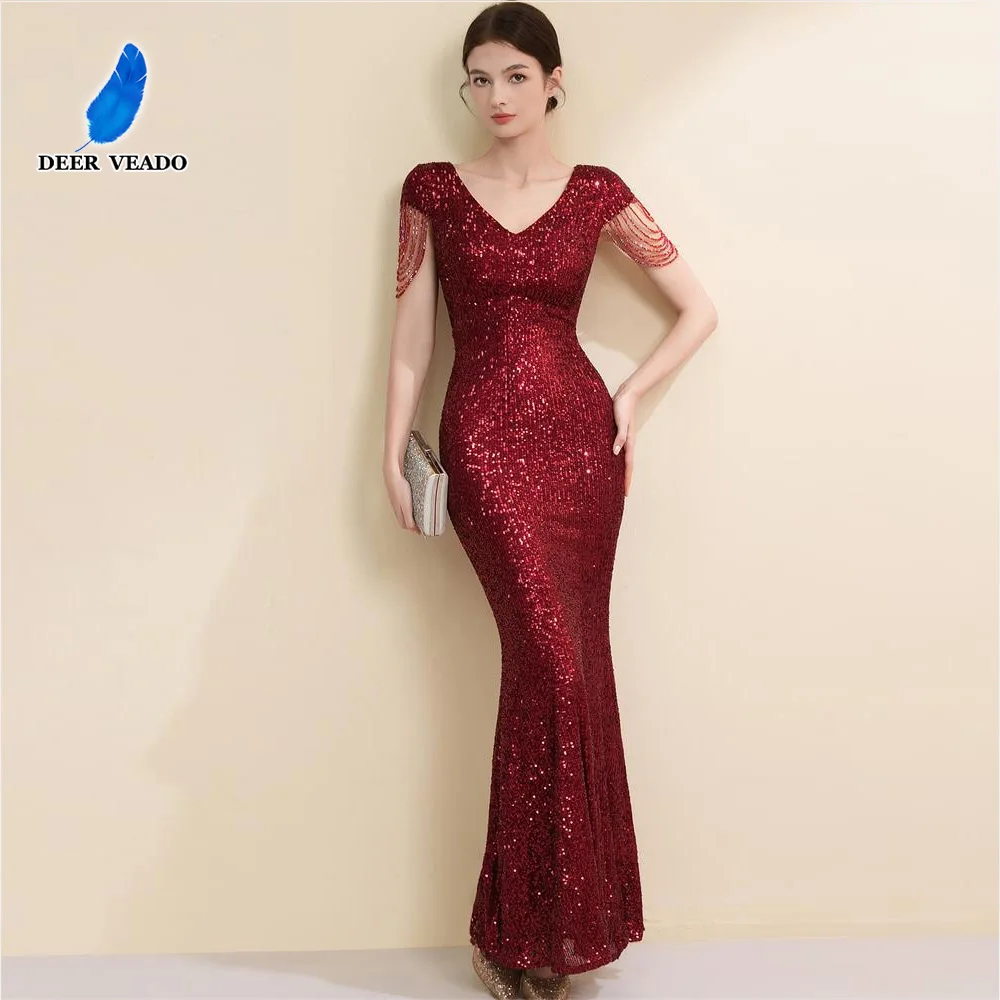 

DEERVEADO Women's Mermaid V-Neck Sequins Evening Dress with Beads Prom Party Dresses Gala vestidos de fiesta elegantes