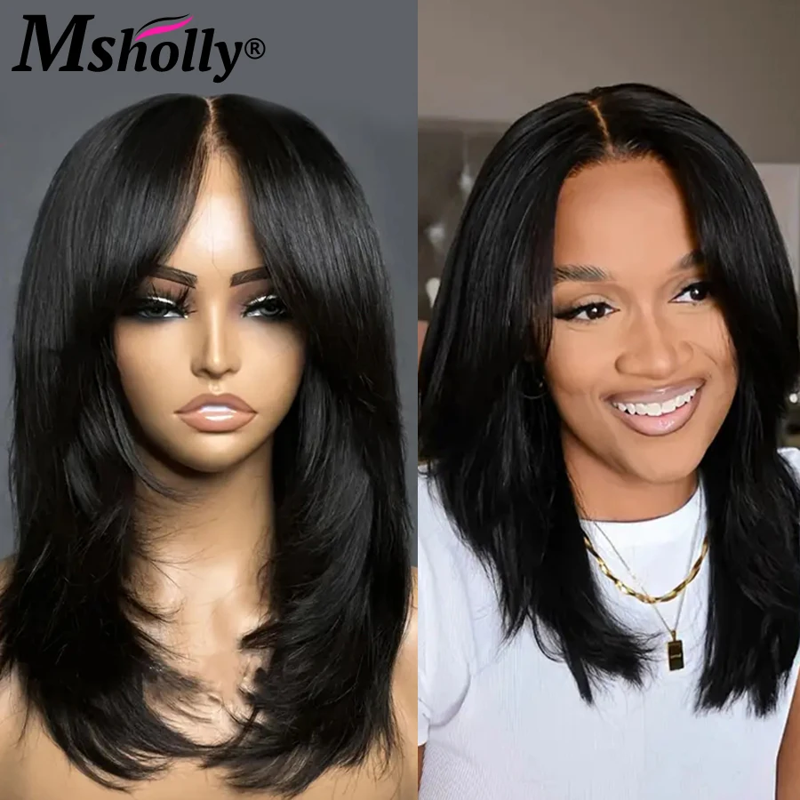 

Inspired Layers With Curtain Bangs Wavy Wig 4x4 Lace Closure Wig Glueless Human Hair Wigs Free Part Clear Lace Preplucked Wigs