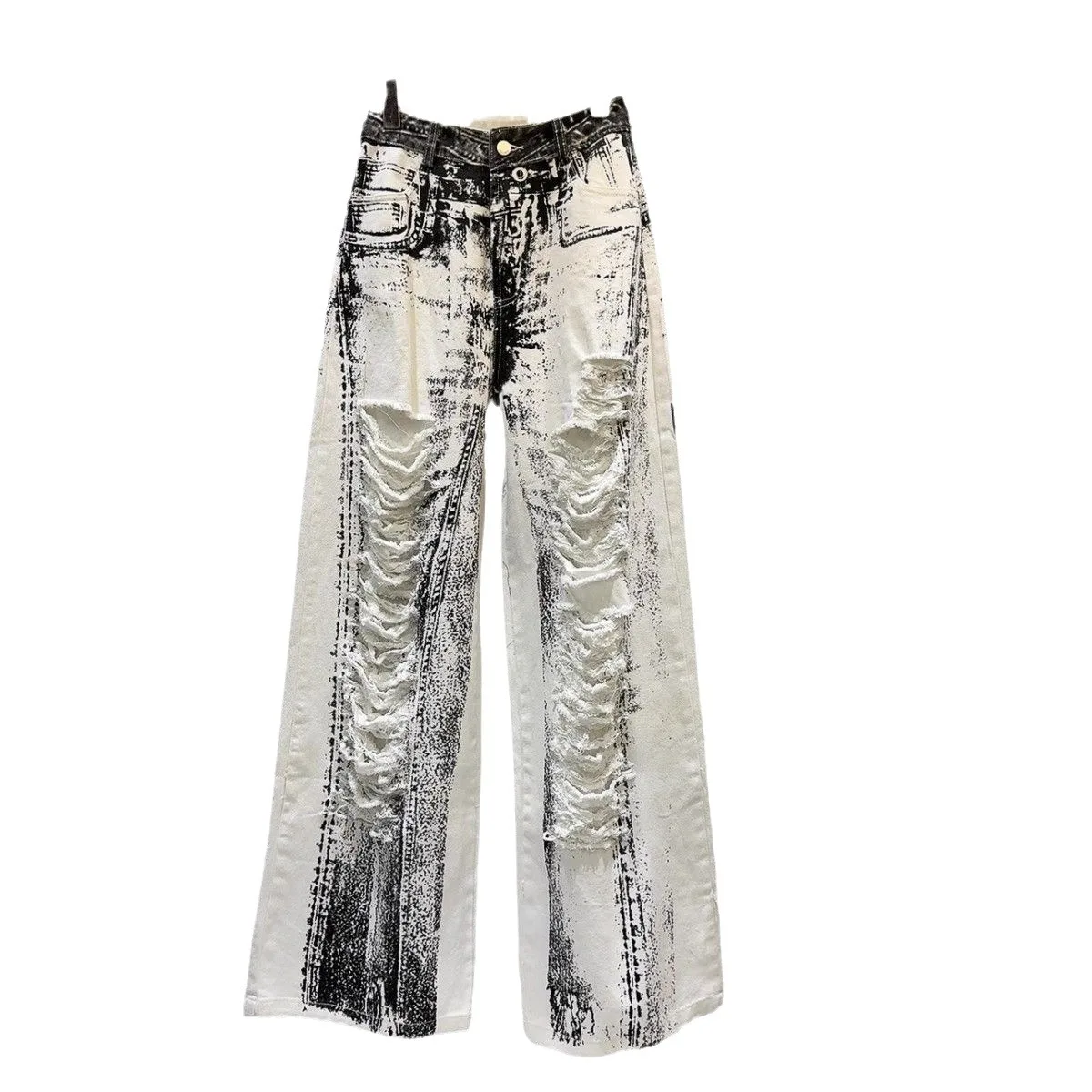 デザインセンス夏新作アメリカンスパイスガールプリント柄カットホールフライドストリートワイドレッグジーンズレディース