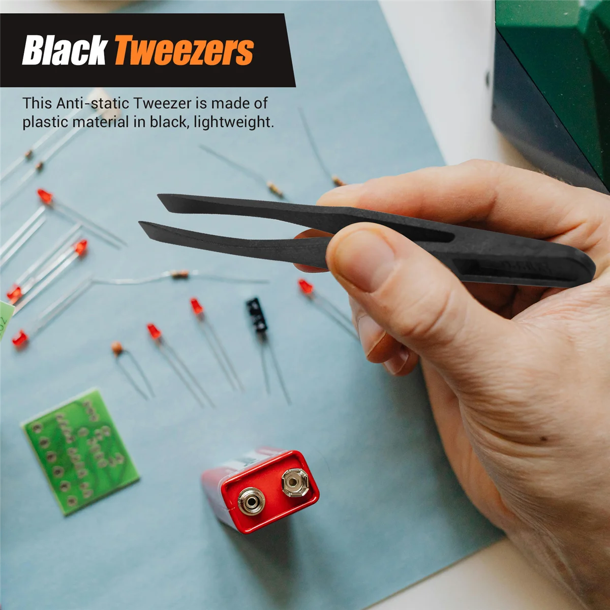 115Mm Long Flat Tip Black Plastic Anti-Static Tweezers 3 Pcs