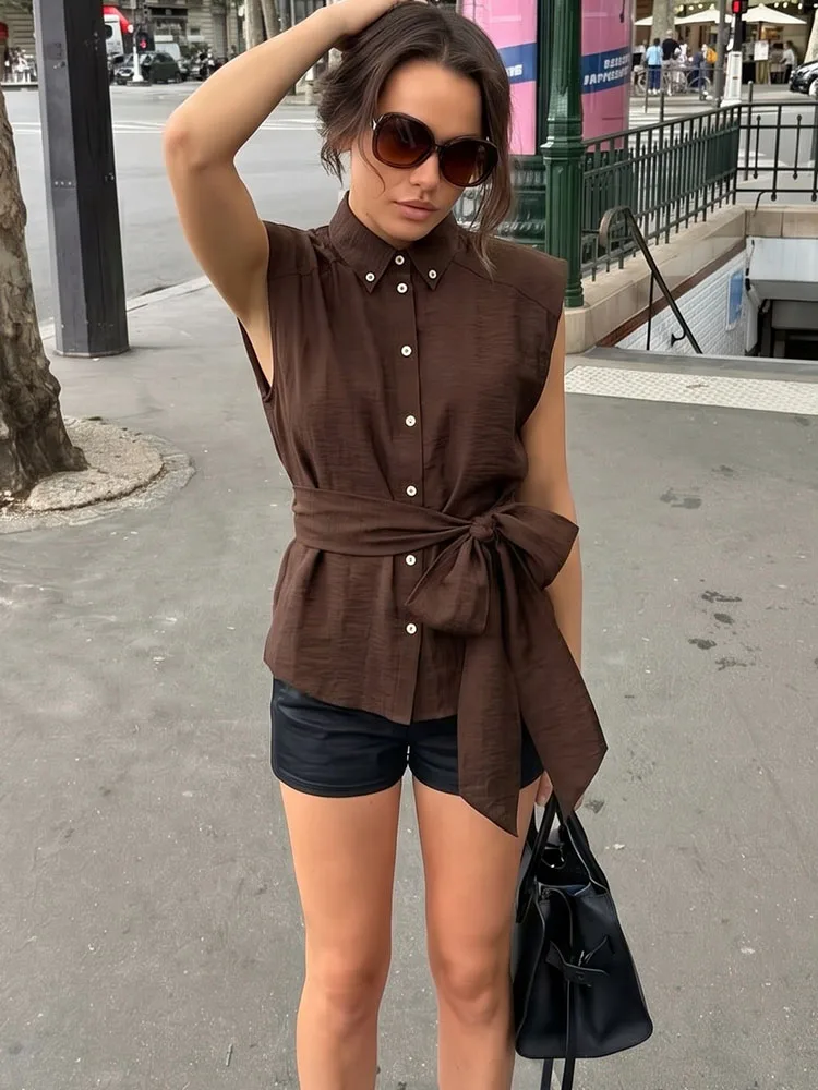 HH Women Summer Casual Sleeveless Button Down Blouse Point Collar Self Tie Waist Cropped Brown Top For Vacation Beach Party Wear